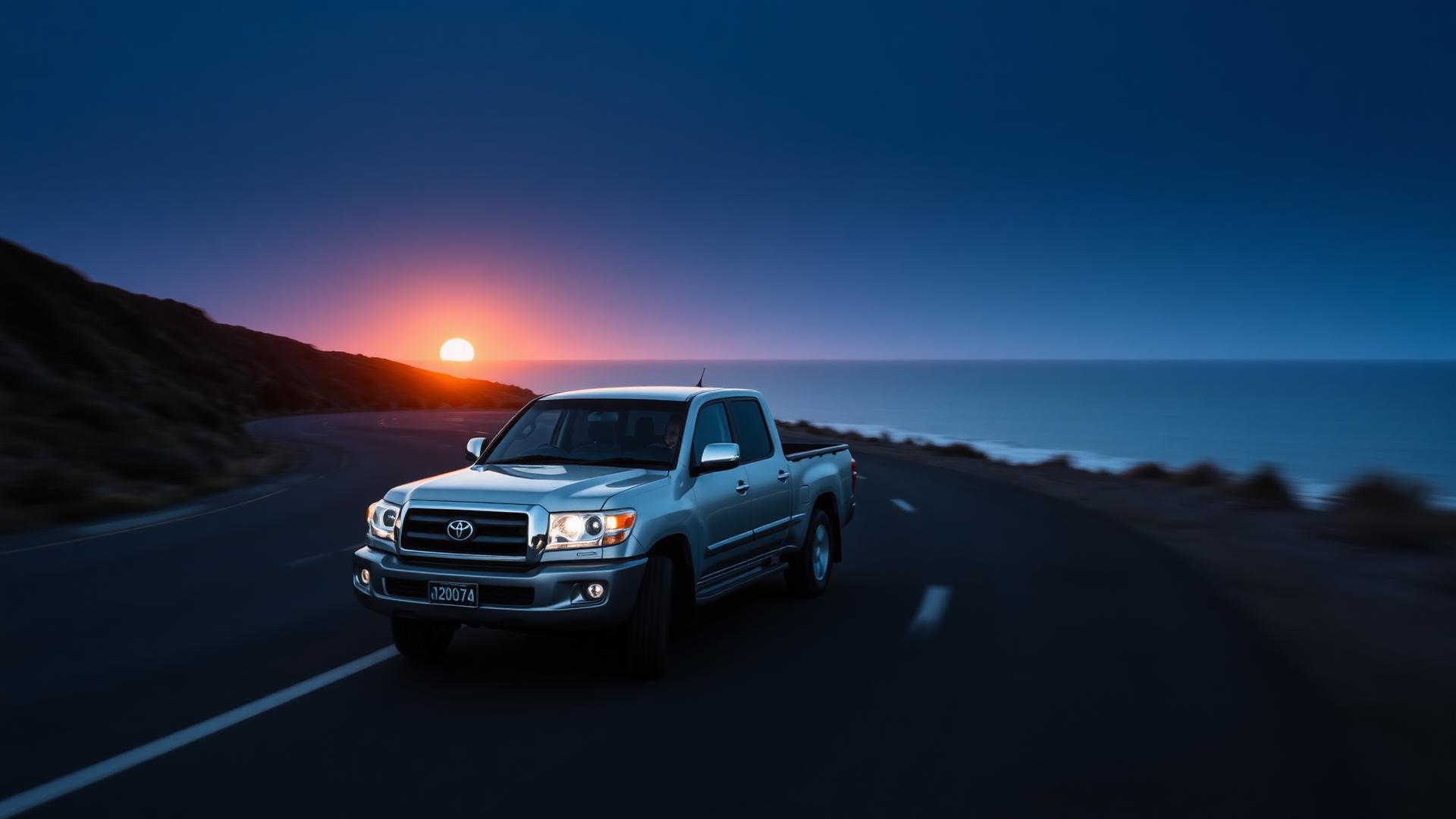 Coupe driving a coastal road at dusk